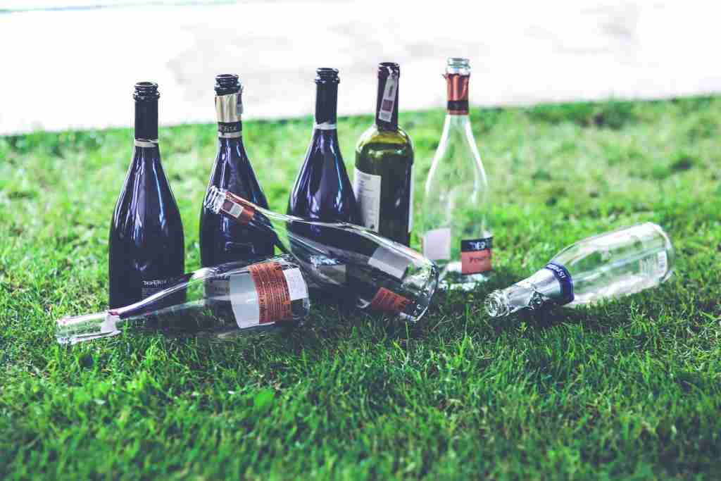 Treating Teen Substance Use - 8 empty glass alcohol bottles sit on the grass.