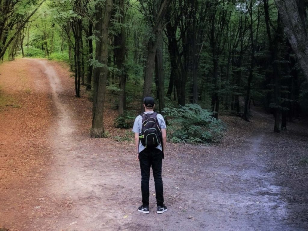 A teen stands at the meeting point of two trails in the forest, one leading higher towards the light and one leading down into darkness